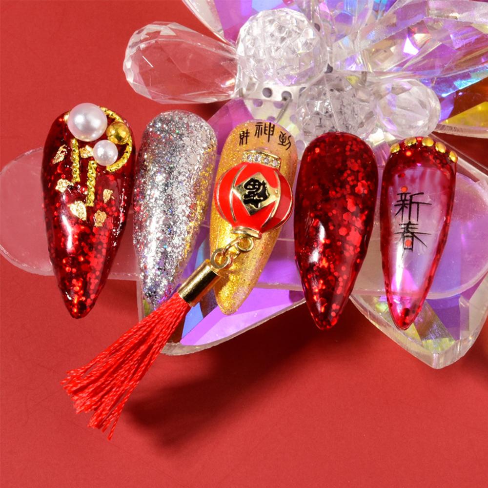 AUGUSTINA Agustina 3D Kuku Berlian Imitasi DIY Zirkon Merah Rumbai Manikur Kristal Simpul Cina