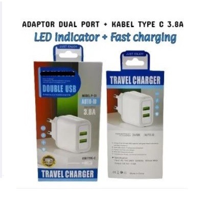 TRAVEL CHARGER BRANDED P-31 2USB dapat kabel TYPE C P31 universal Grosir