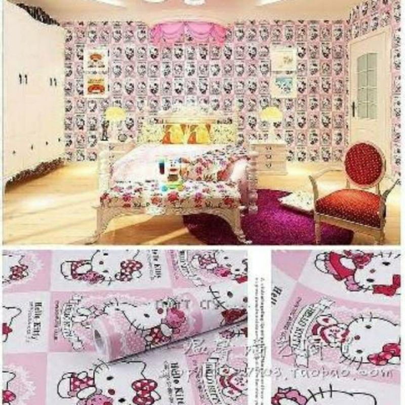 Wallpaper Dinding Motif Hello Kitty Kotak Pink 10m x 45cm