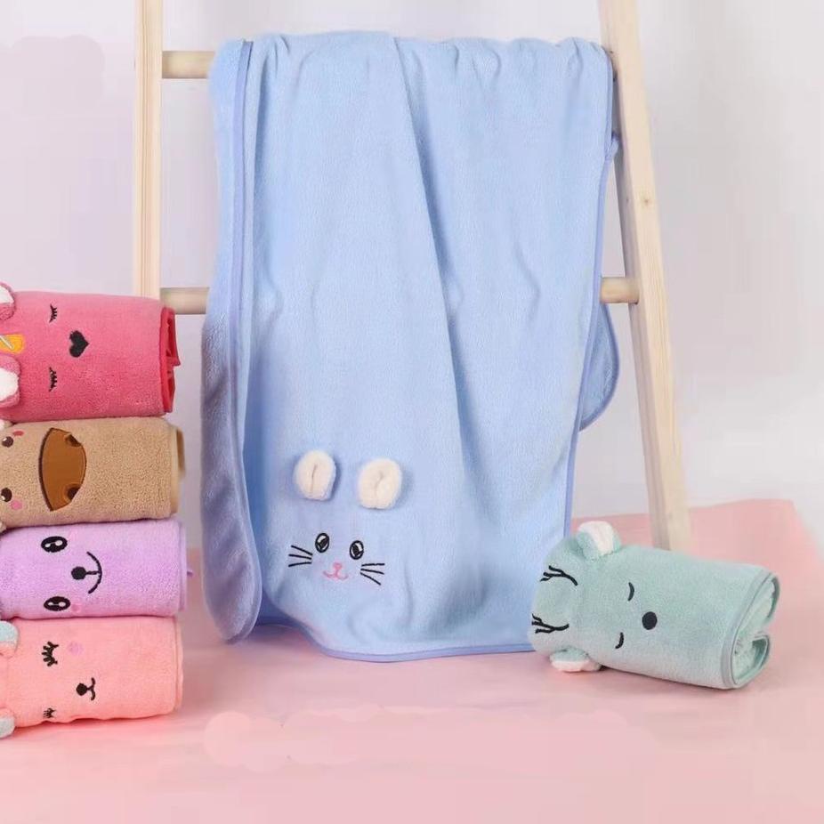 Handuk Mandi Anak / Bayi Microfiber Kuping Timbul Motif Shiba Lembut 50x100cm Daya Serap Tinggi