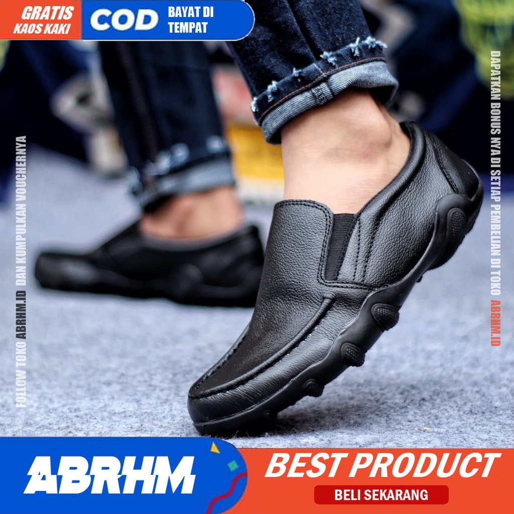 ABRHM x BARAN Sepatu Slip On Pria Sepatu Casual Pria Kulit Asli Ori Cowok/Cowo Sepatu Kerja Sepatu Kasual Semi Formal Gaya Santai Keren Kekinian Murah Original Terlaris