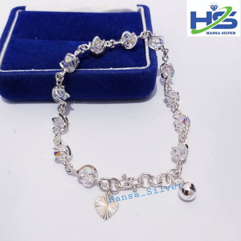 Gelang Perak Asli Tangan Wanita Silver 925 Lapis Emas Putih Batu Kristal Putih -  Gelang Perak Wanita Anti Karat