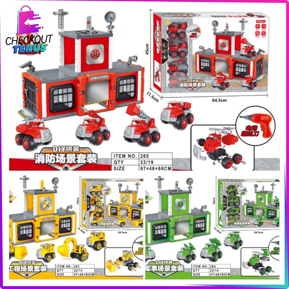 CT M157 Mainan Anak DIY Set Mobil Mobilan Konstruksi Mobil Tentara Pemadam Kebakaran Set Pretend Play Kids