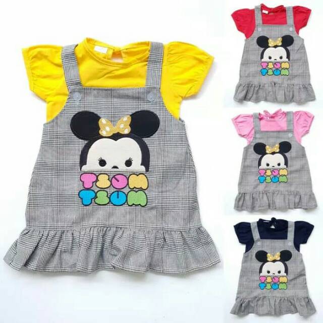 Baju Setelan Anak Bayi Cewek Perempuan Dress Overall Katun Kotak Tsum Minie