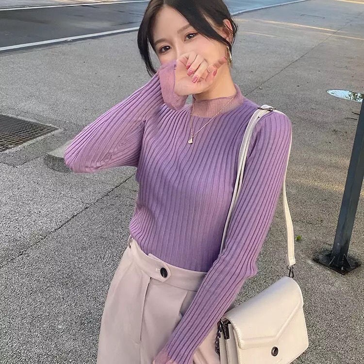 Versi Korea dari kemeja berbahan sweater jala leher setengah tinggi wanita serba ada/ Korean style knit sweater/sweter/sweater crop