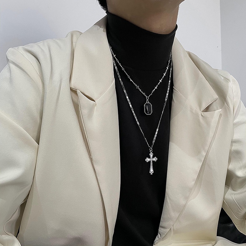 Black Diamond Cross Multilayer Necklace Accessories Stitching Clavicle Chain Personality Street Hip Hop