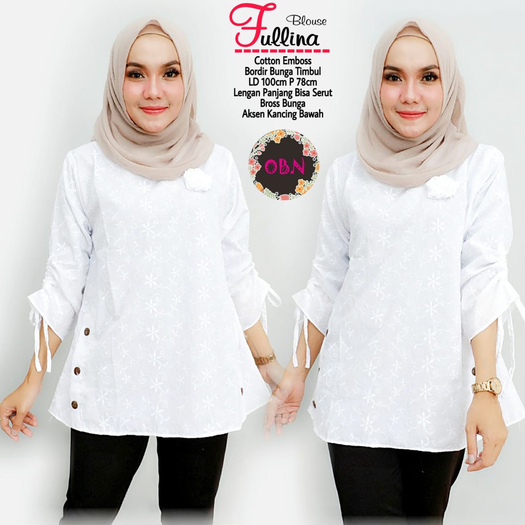 blouse wanita katun mawar putih bordir suci top fullina premium murah