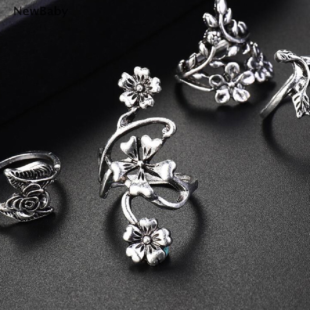 4pcs / Set Cincin Silver Antik Vintage Bohemia Desain Bunga Mawar Untuk Wanita