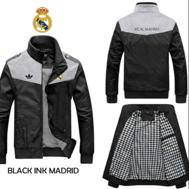 Jaket real madrid grade ori harga murah bahan parasut & fleece ukuran S M L XL XXL adem warna hitam