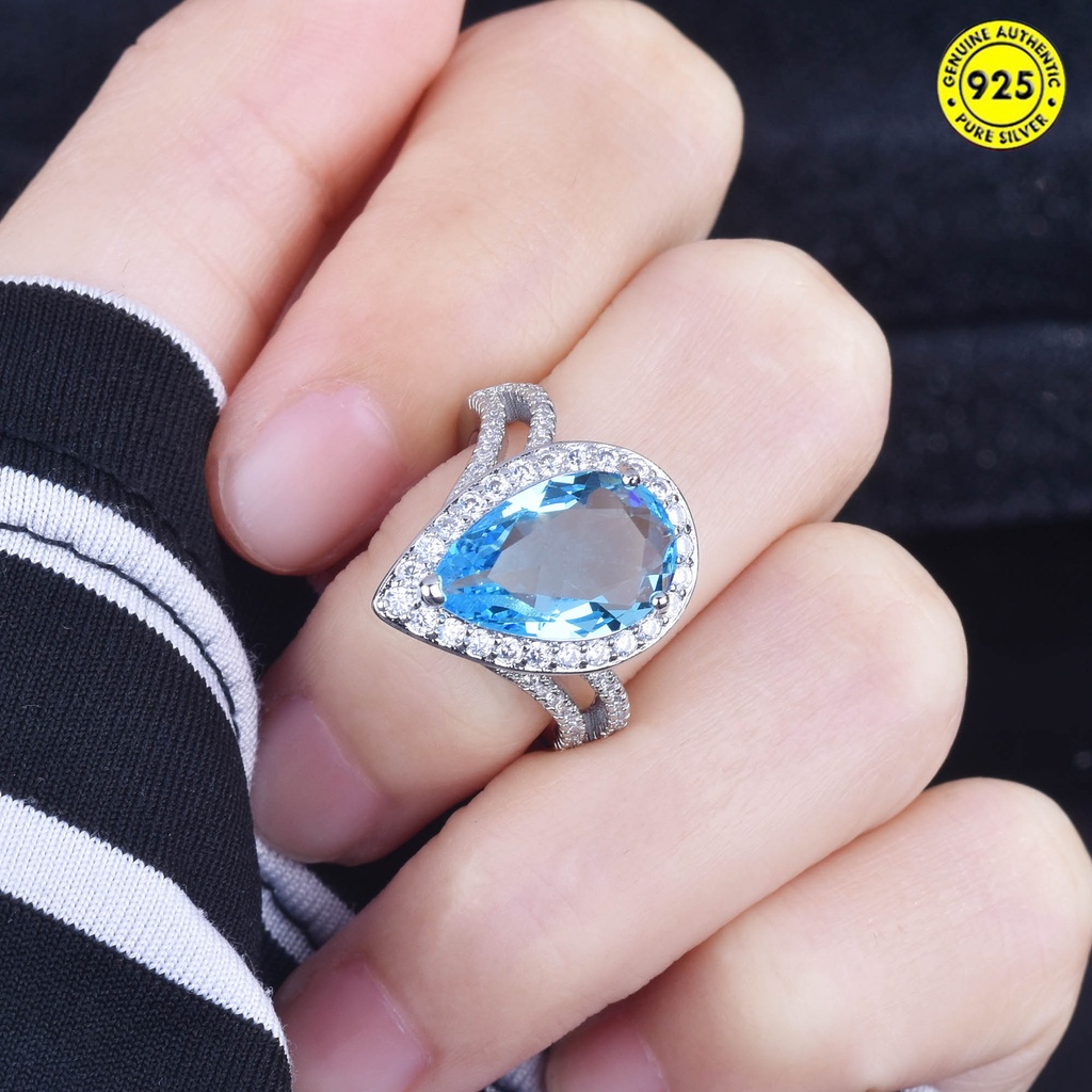 Cincin Aquamarine Double Layer Bentuk Water Drop Pear