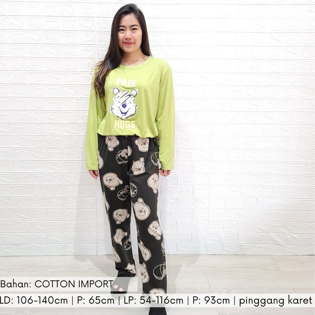 3535 kaos pajamas long green pooh one set import big baju tidur