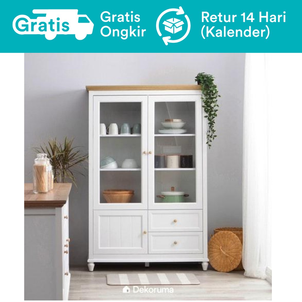 Dekoruma Kanou Lemari Kabinet Dapur 2 Pintu Kaca High Kitchen Buffet Cabinet 2 Laci Susun Shopee Indonesia