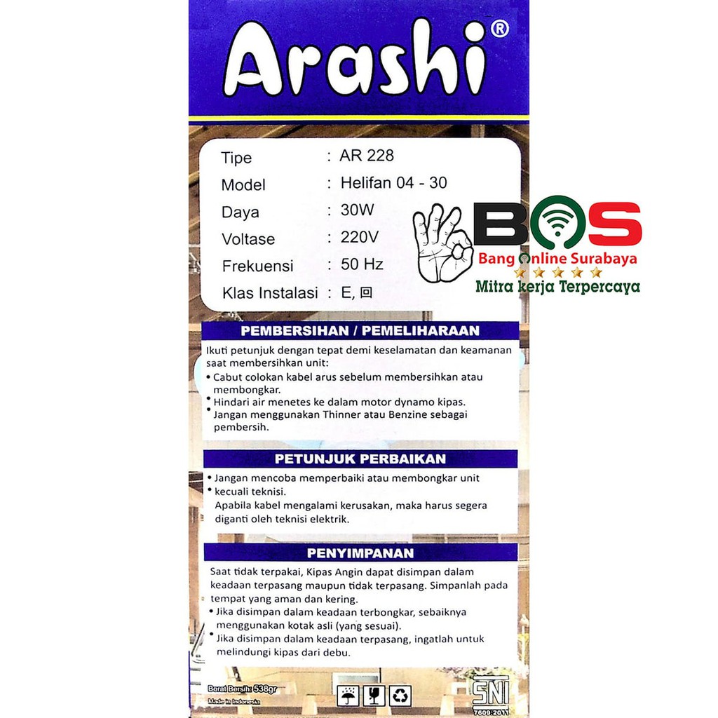 Kipas Angin Gantung Helifan 30 Watt Arashi AR-228 30Watt