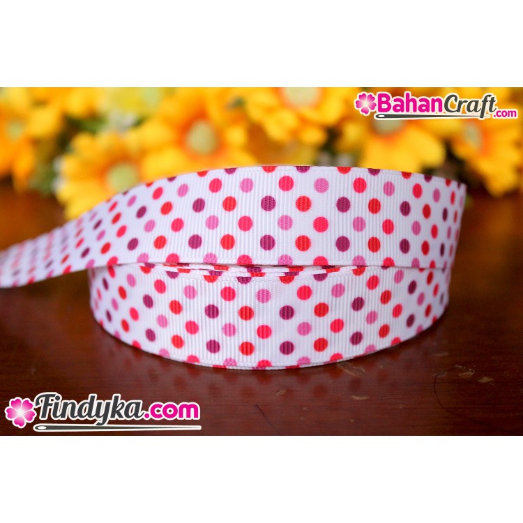 

Pita grosgrain putih motif dot merah harga permeter