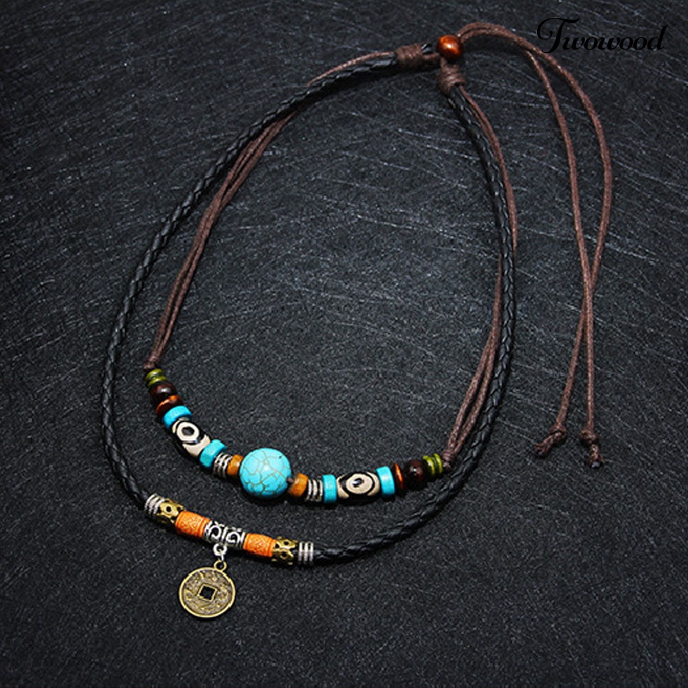 Kalung Choker Multilayer Dengan Liontin Manik-Manik Turquoise Imitasi Untuk Pria