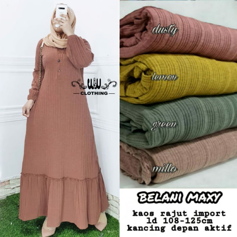 BELANI MAXY BAJU GAMIS DRESS POLOS KAOS RAJUT LENGAN BALON BUSUI KANCING DEPAN LD 108-125 FIT XL XXL