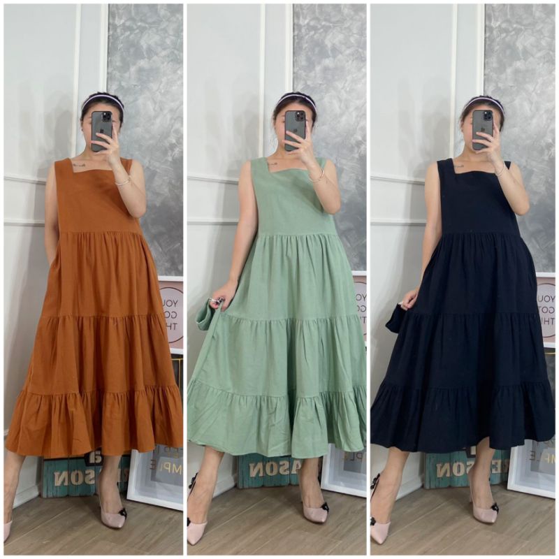 ⚡️ SALE ⚡️ PREMIUM ♡ ORIGINAL ! LIVIANNE VINTAGE LESS SLEEVE TRAP LAYER FLARE MIDI DRESS OVERALL OUTER ( BUMIL &amp; HIJAB FRIENDLY )