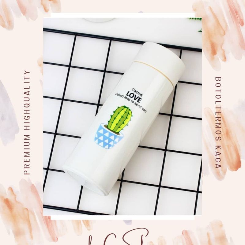 BOtol Kaca Termos Motif Kaktus | Termos Mini| Botol Minum Kaca | Cactus Bottle