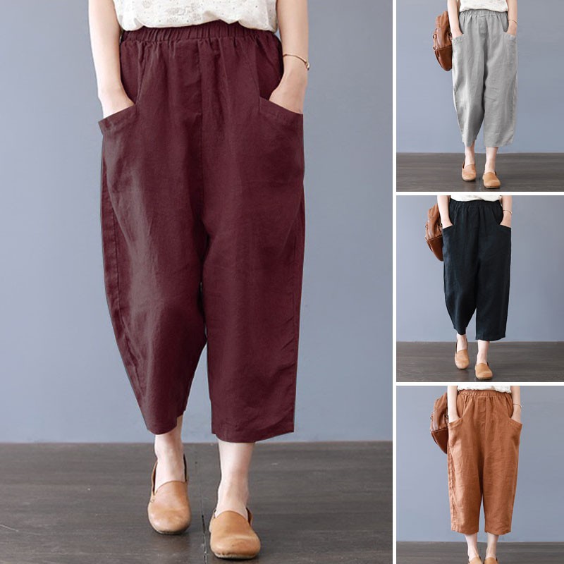 ZANZEA Celana Katun Longgar Casual Model Crop Capri Ada ZANZEA Celana Katun Longgar Casual Model Crop Capri Ada