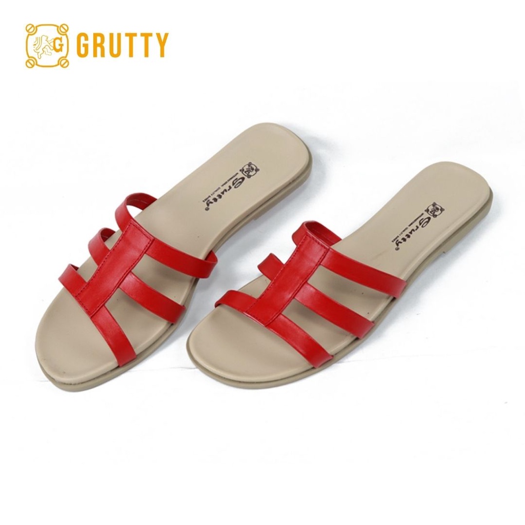 Grutty Flat Sandal Wanita Kulit asli slide sandal teplek Sandal Flat Merah Cream