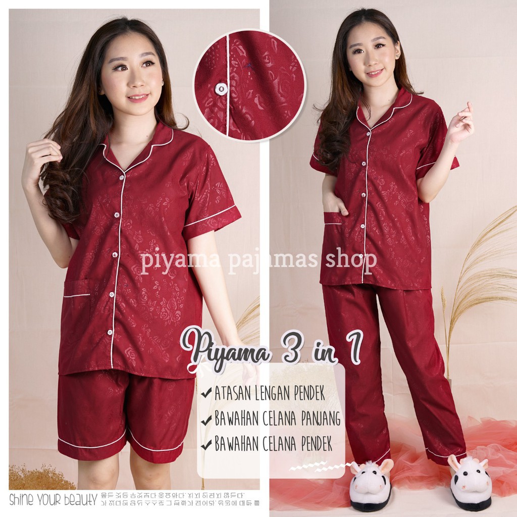 BAJU TIDUR SATIN EMBOS  3IN1/PIYAMA 3IN1 WANITA SATIN EMBOS