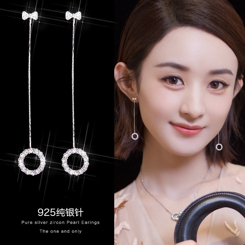 S925 anting-anting Korea sederhana pribadi all-match bow circle Berlian panjang anting-anting hypoal