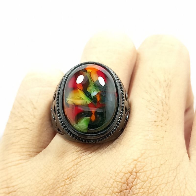 CINCIN BATU AKIK PANCAWARNA ASLI NATURAL TOP QUALITY IKATAN RING TITANIUM TANAM KRUM HITAM