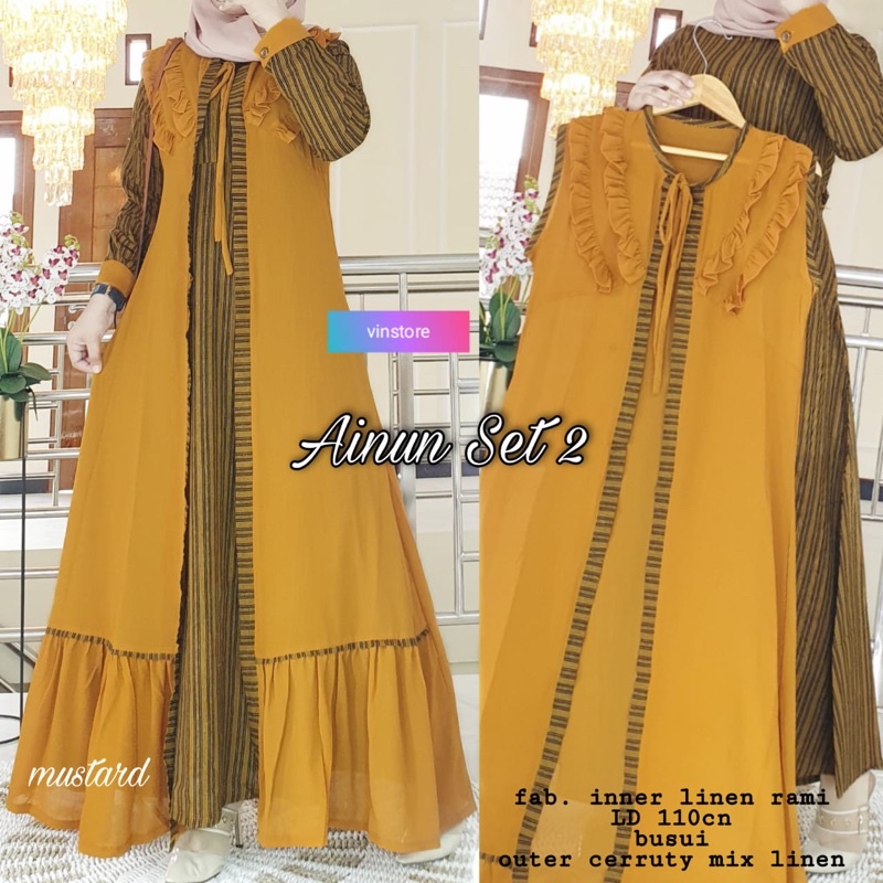 Dress maxi Wanita Muslim Motif Terbaru jumbo busui. Marsel kaftan Manda by Abella-Ainun mustard