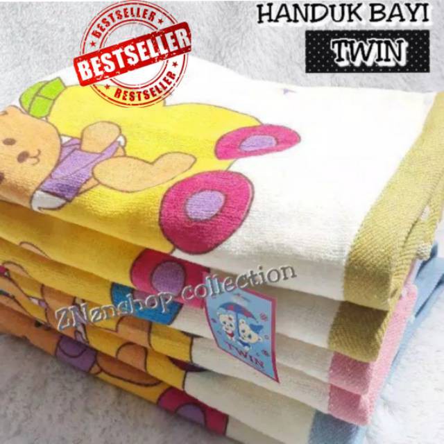 1 Pcs Handuk Bayi Twin - Warna Putih List Warna - Random Motif