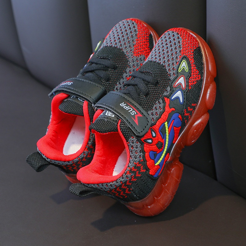 Sepatu Sneaker Anak Laki Laki - Sepatu Anak Perempuan Ultra Light Super LED Sport Import SUPR SPIDERMAN 2 Running Shoes