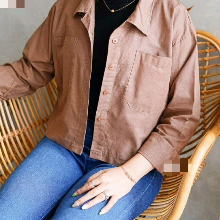 ♞ Kayshop - Outer shirt crop Pocket / kemeja crop linen lengan panjang / kemeja polos murah / baju a