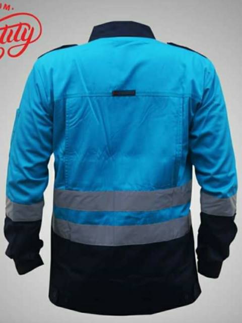 SERAGAM BAJU SAFETY KAIN DRILL SCOTLIGHT 5CM BIRU TOSKA KOMBINASI DONGKER KAIN DRILL