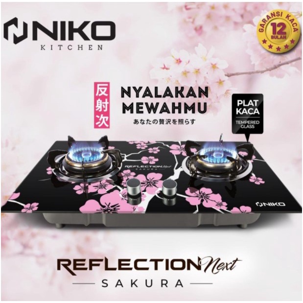 NIKO Kompor Gas Tanam Kaca 2 Tungku Sakura Tempered Glass Reflection