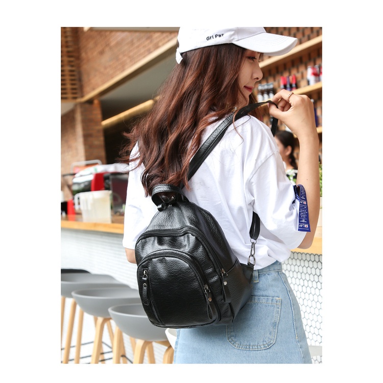 TM-93 tas ransel backpack mini wanita hitam kulit pu leather import korea jepang