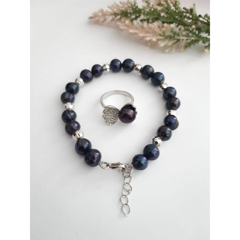 BERSERTIFIKAT SET GELANG CINCIN MUTIARA LOMBOK MURAH CINCIN KERANG MUTIARA HITAM RHODIUM SILVER
