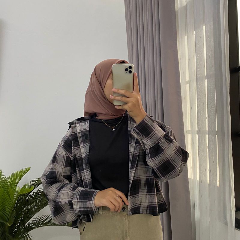 Kemeja Wanita Crop Motif Tartan Oversize / Hana Blouse shirt Tartan Crop