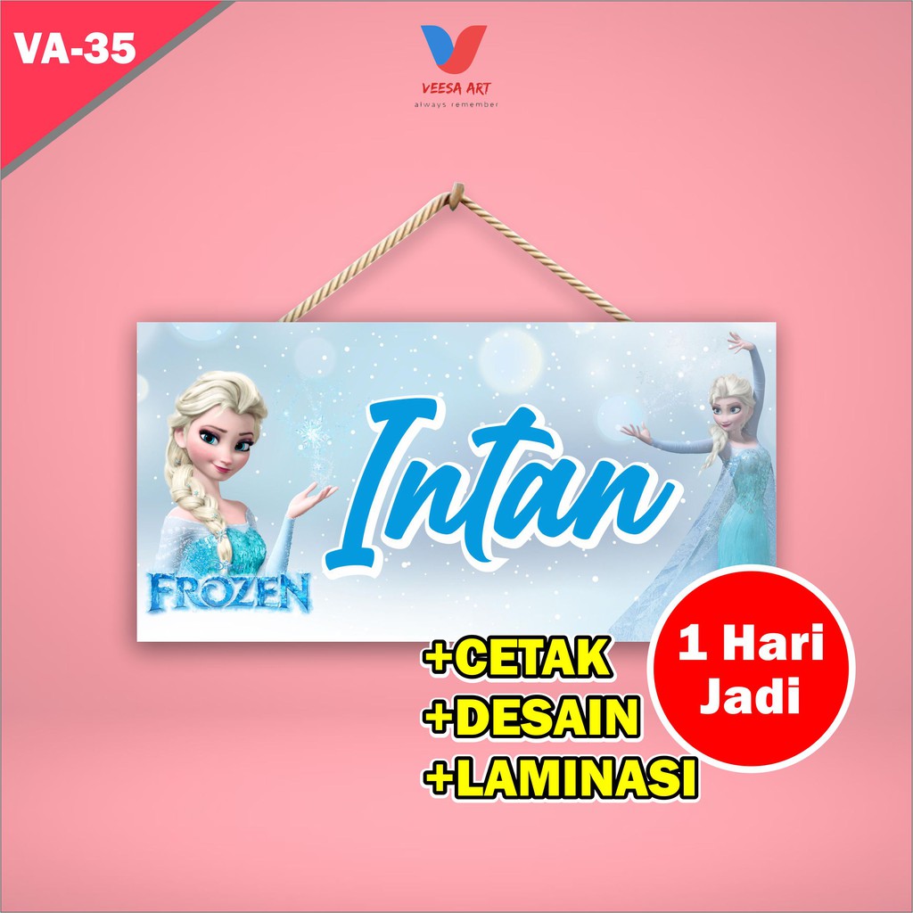 Dekorasi Pajangan Pintu Kamar Rumah Cewek Wanita Perempuan Frozen Motif Bunga Pink Bunga Biru Nama