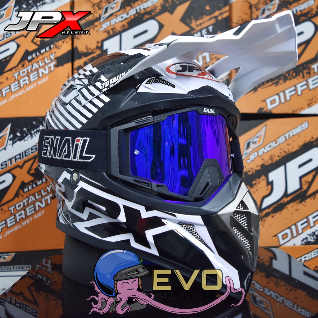 HELM JPX CROSS_FOX1 SERI X12 - PEARL WHITE GLOSS + GOOGLE SNAIL (ONGKIR 2 KG) HELM JPX X12 CROSS ORIGINAL HELM JPX ZEBRA HELM TRAIL KLX ADVENTURE JPX X12 MOTIF ZEBRA PAKET GANTENG GOOGLE SNAIL HELM JPX TERBARU