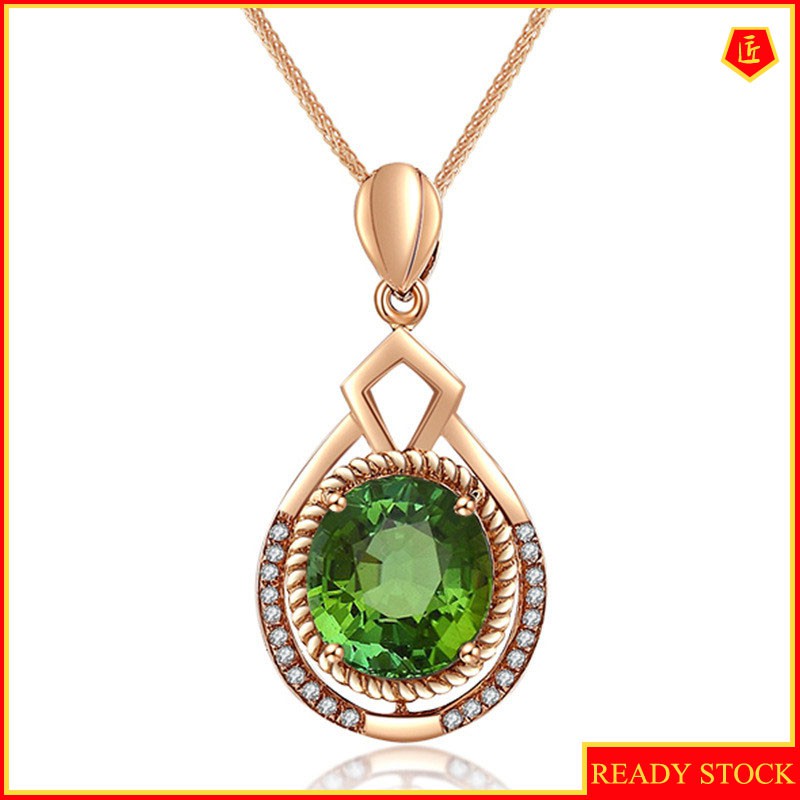 [Ready Stock]New Luxury Zircon Pendant Plated 18K Rose Gold Emerald Colored Gems Necklace