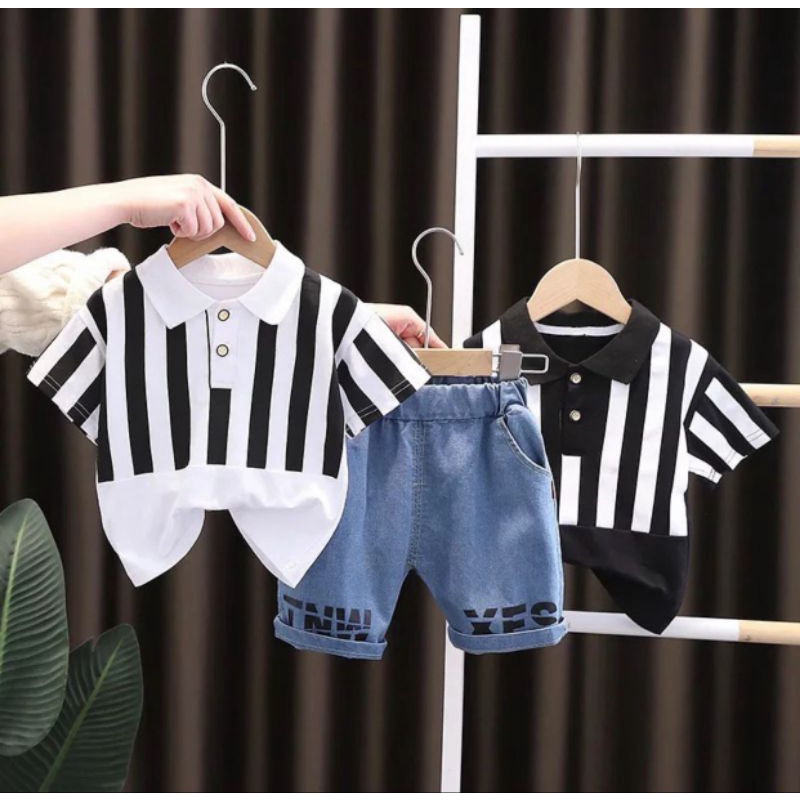 Promo cod setelan anak laki laki perempuan motif salur jeans 1-5 tahun terbaru 2022