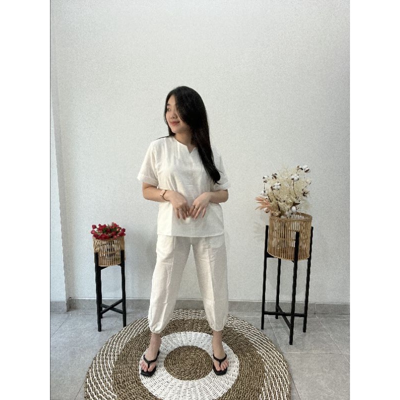 Set linen Vneck jogger | Set linen jogger 7/8 onesize