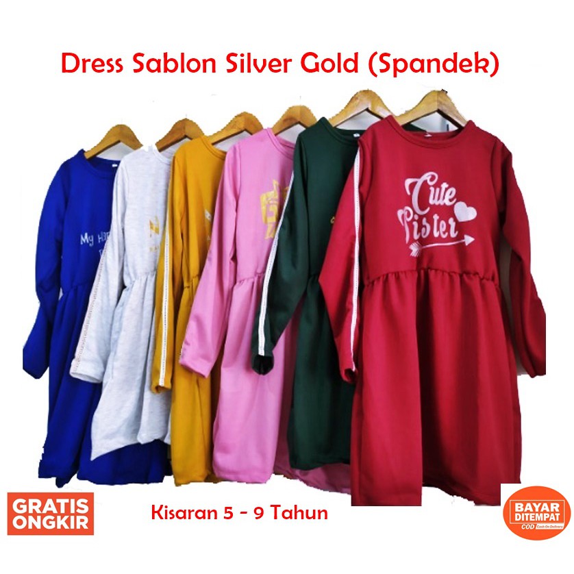 Dress Anak Gamis Tunik Sablon Silver Gold Spandek Gamis Anak