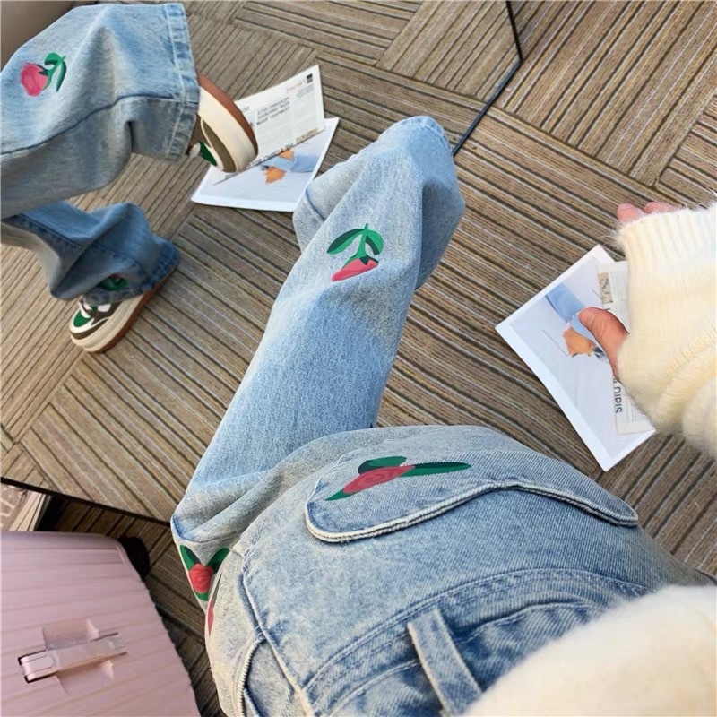 JEANS PANTS DENIM CULLOTE BUNGA FLORAL HIGHWAIST IMPORT CELANA PANJANG MX895