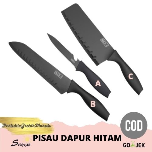 PISAU DAPUR HITAM 3 SET / Pisau Dapur Set Black on Black Pisau Set Hitam / Set Pisau Dapur Stainless
