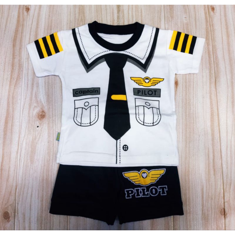 BEST SELLER SETELAN BAJU BABY LAKI LAKI MOTIF PROFESI CAPTAIN PILOT, USIA ANAK 3 BLN-2 TAHUN BISA