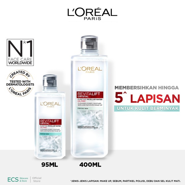 MICELLAR WATER L'Oreal Paris Revitalift Crystal Purifying 400 ml / 95 ml - Oil Free Pembersih Make Up Wajah - SkinCare Double Cleansing Loreal Besar / Kecil BPOM Micelar Micellair