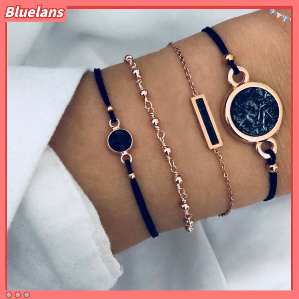 4pcs / Set Gelang Tali Rantai Hias Batu Bulat Gaya Bohemian Untuk Wanita