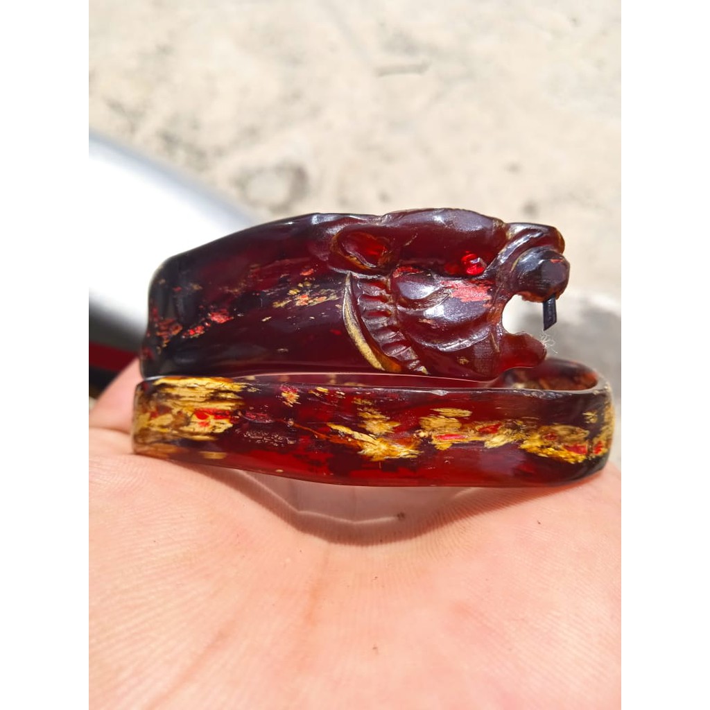 Gelang Akar Bahar Merah Asli Natural Ukir Macan Samping