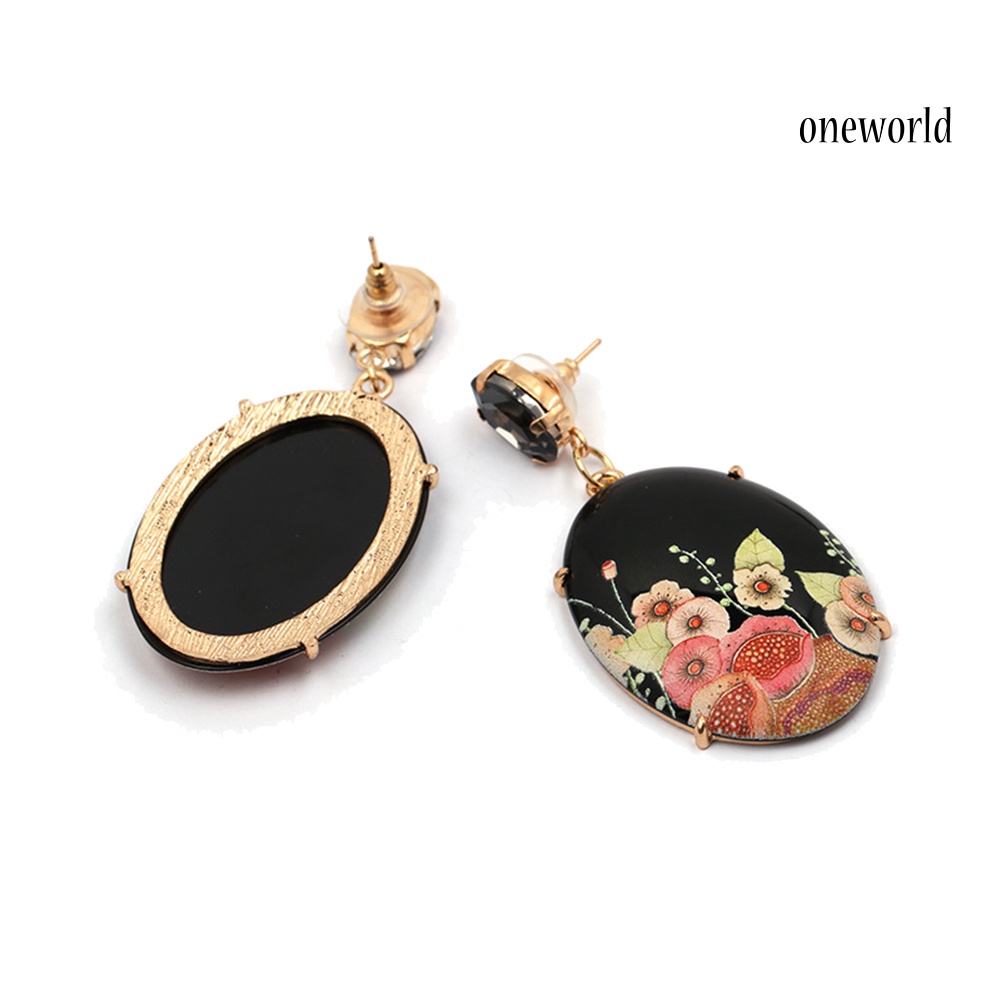 OW@ Elegant Women Resin Oval Shape Flower Pendant Earrings Rhinestone Inlaid Jewelry