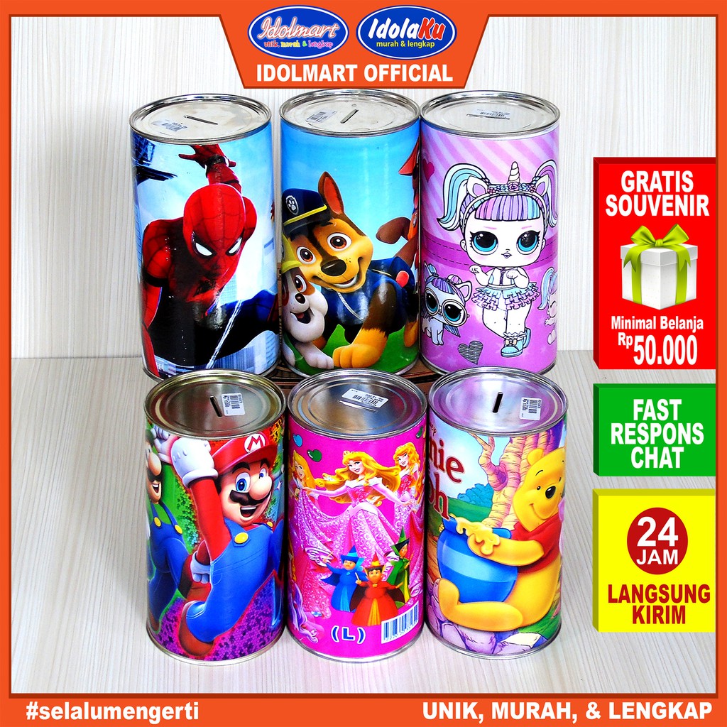 IDOLAKU Celengan kaleng Karakter Ukuran Jumbo /  Celengan tabung L / Celengan Target